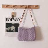 Sac de paille violet frais Sac à bandoulière en paille de couleur unie Sac de plage de vacances en bord de mer
